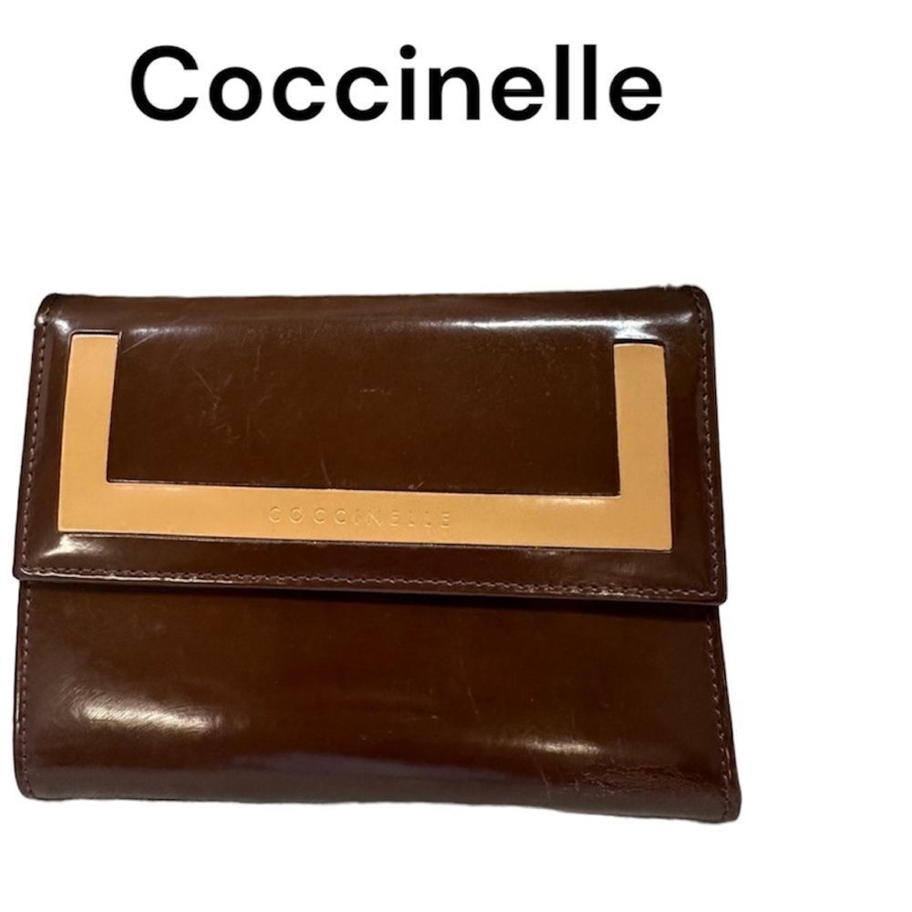 Coccinelle Flap Tri Fold Wallet Organizer Patent Leather Brown Beige